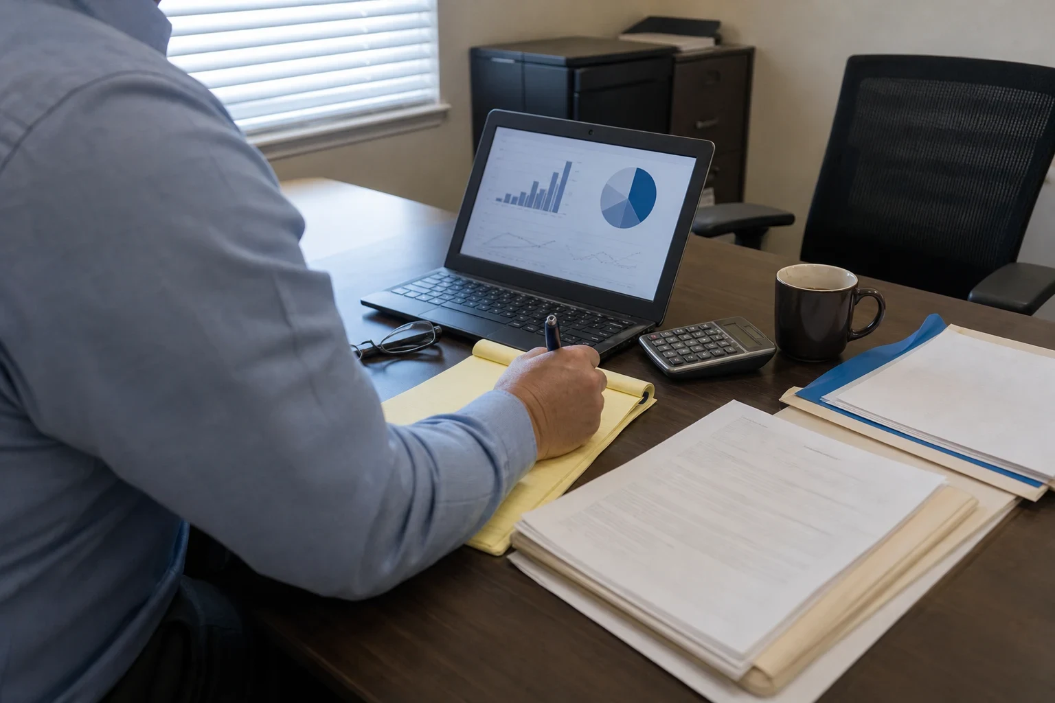 Man in a blue dress shirt writing on a yellow legal pad at an office desk beside a laptop showing charts, a calculator, coffee mug and stacked file folders