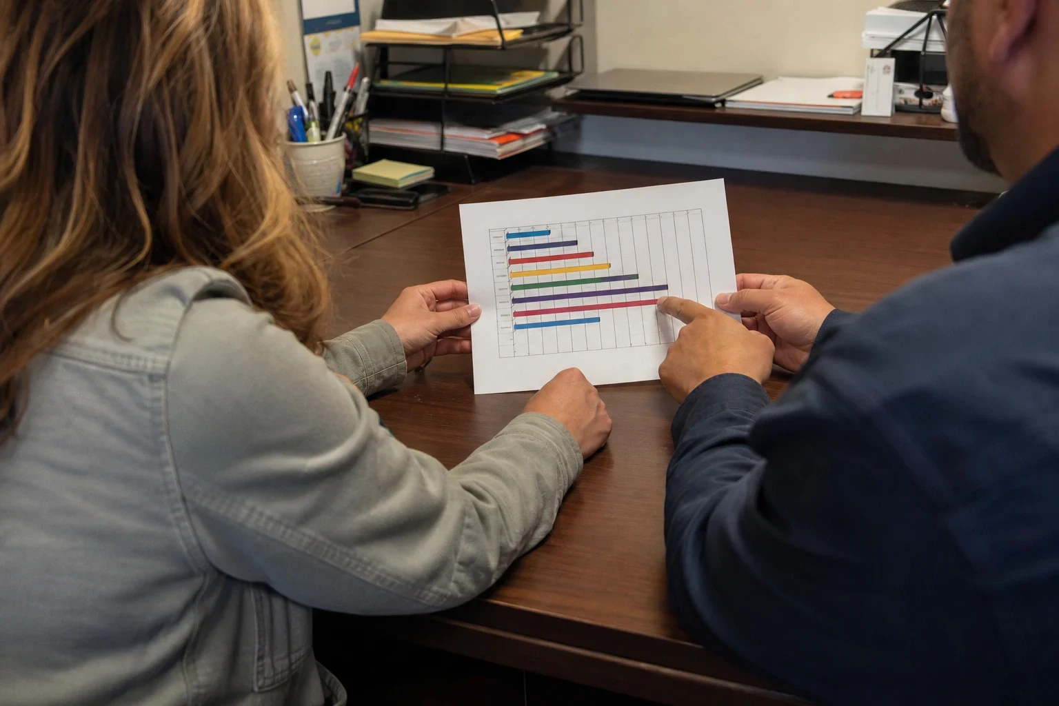 Two people at a wooden office desk review a printed bar chart, one pointing at the colored bars, with pens, trays and papers on the desk behind